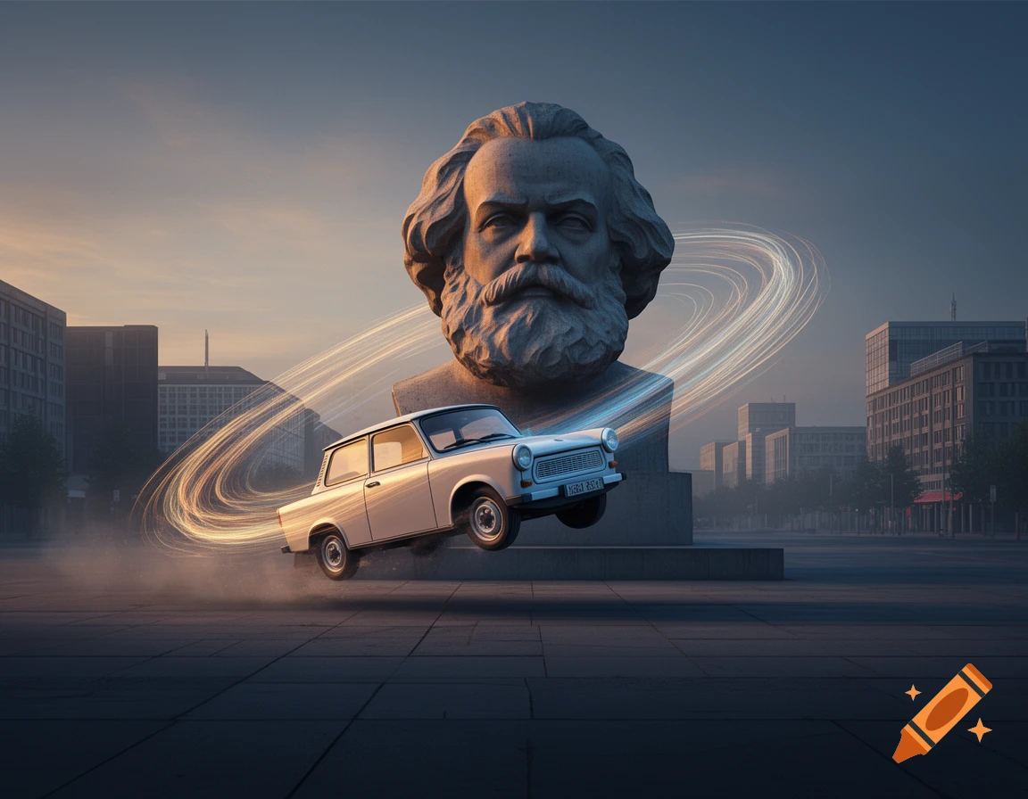 A white Trabant car drifts through the air with glowing light trails around a large stone bust of Karl Marx in a city square at dusk.