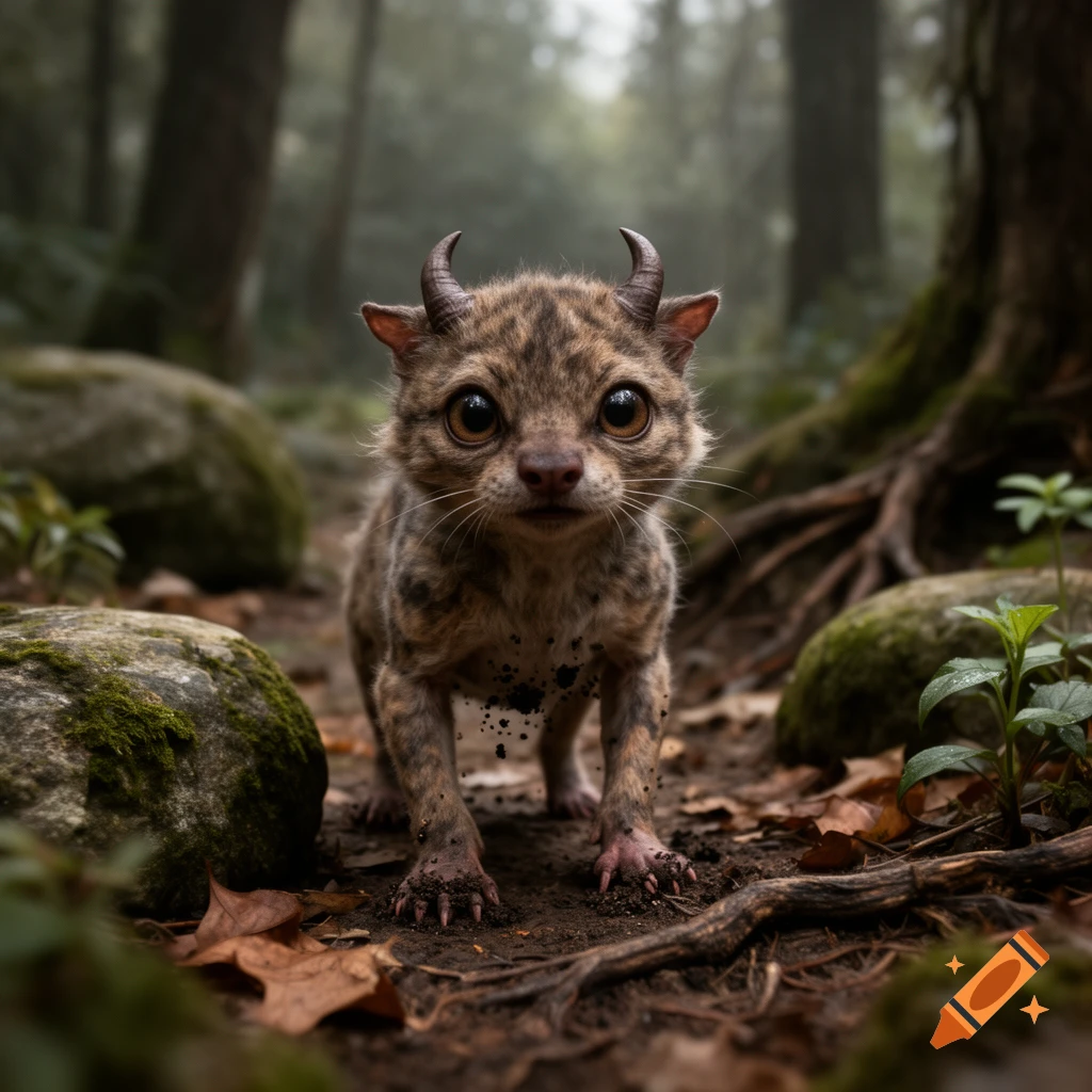 Photorealistic image of a small, strange creature with horns standing in a misty forest.