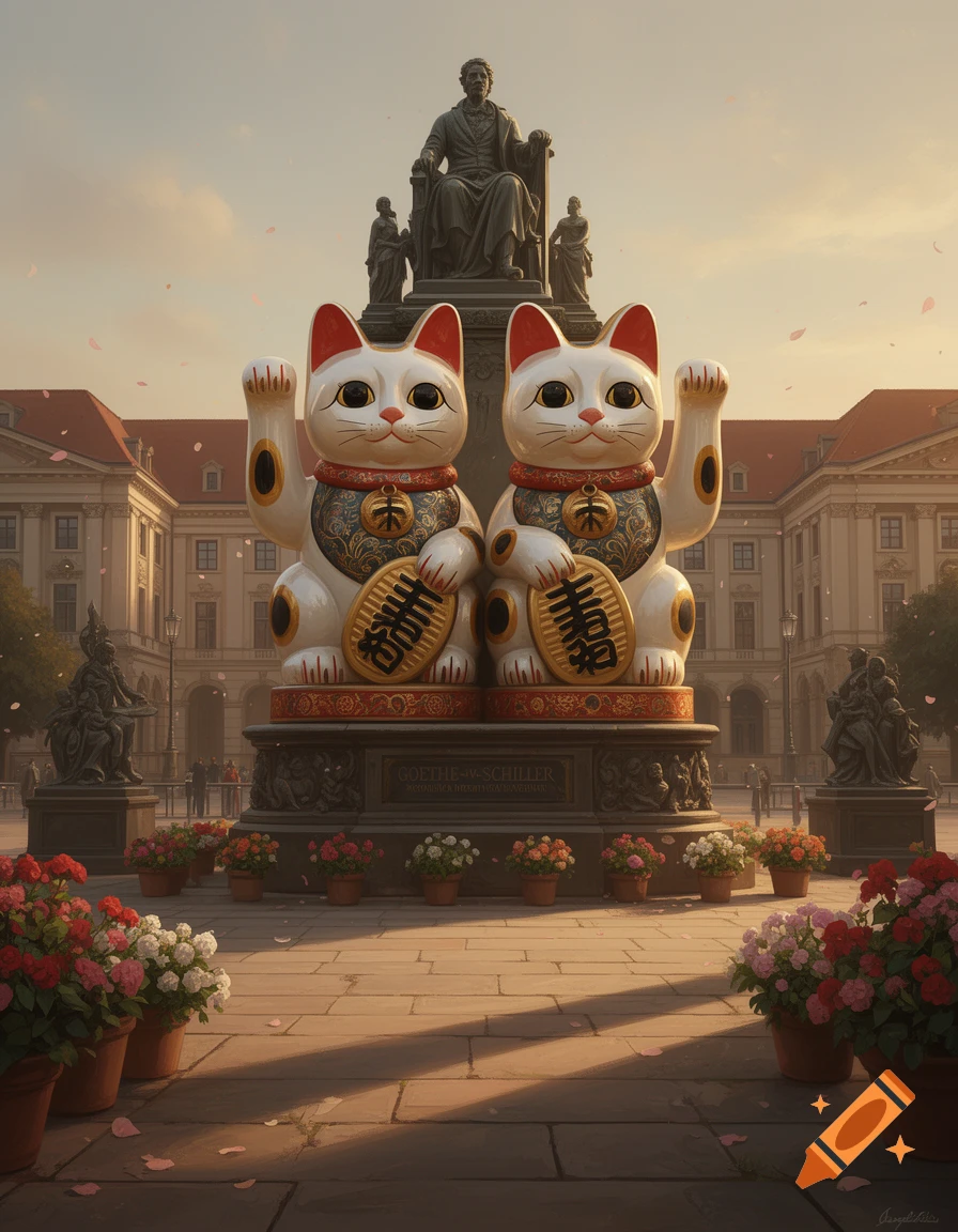 Photorealistic image of two large white lucky cat statues replacing the Goethe-Schiller monument in a European plaza with potted flowers.