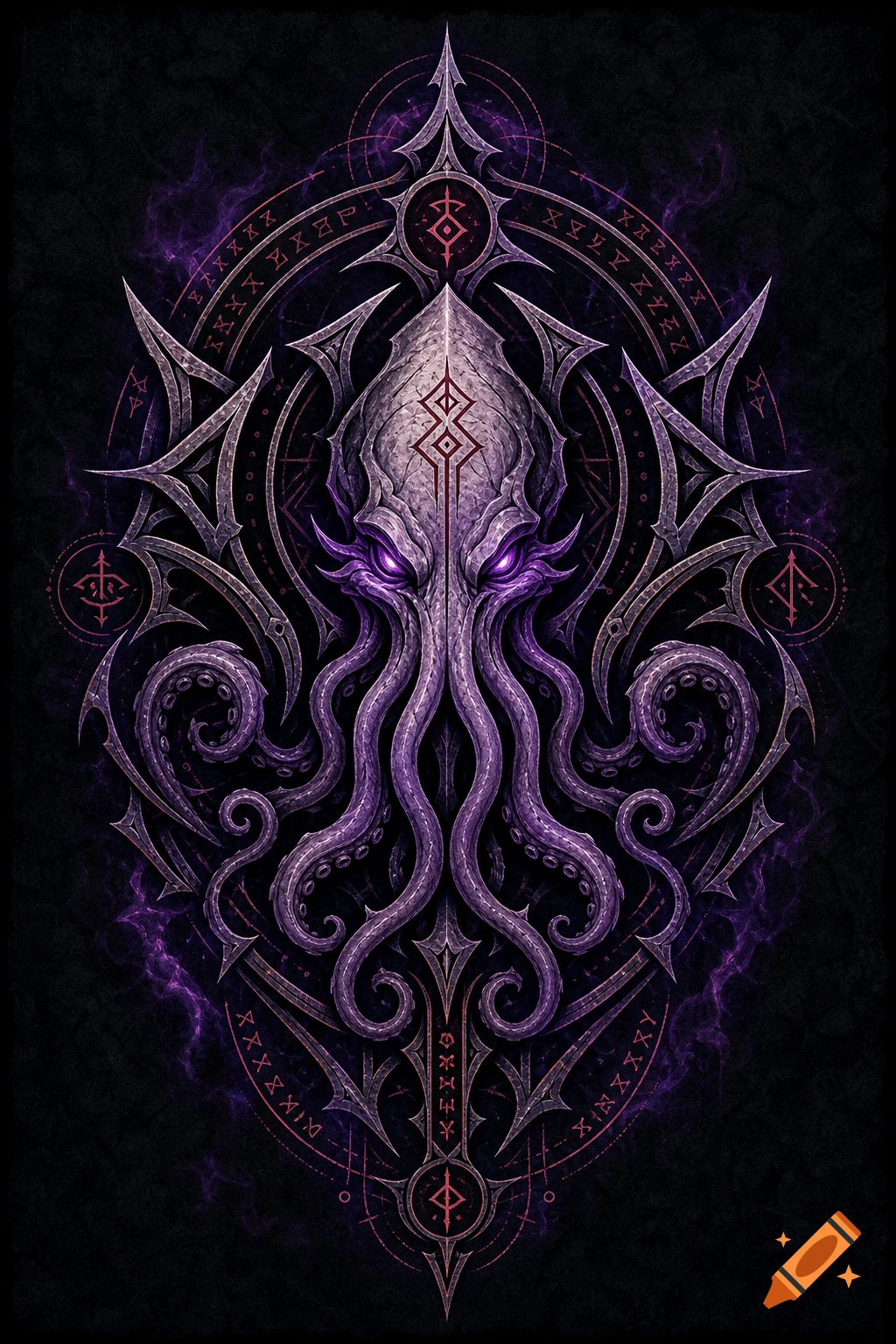 Symmetrical fantasy emblem featuring a detailed mind flayer with glowing purple eyes surrounded by rune-like symbols and intricate dark metal framing.