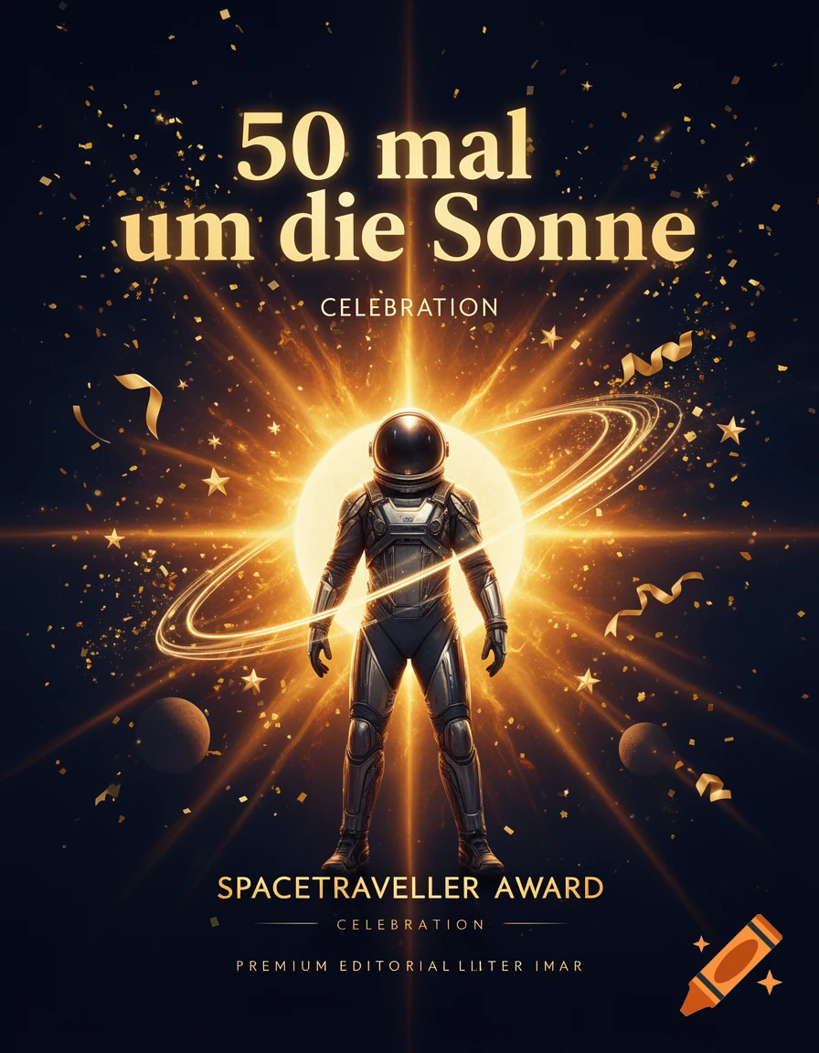 An astronaut standing in front of a glowing sun with rings, surrounded by gold confetti and stars, with the German text 50 mal um die Sonne.