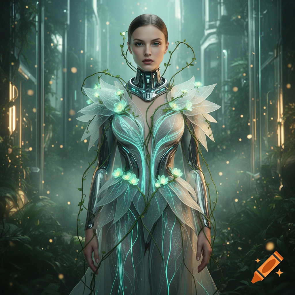 Futuristic fashion model wearing a glowing botanical-inspired metallic outfit in a bioluminescent greenhouse.