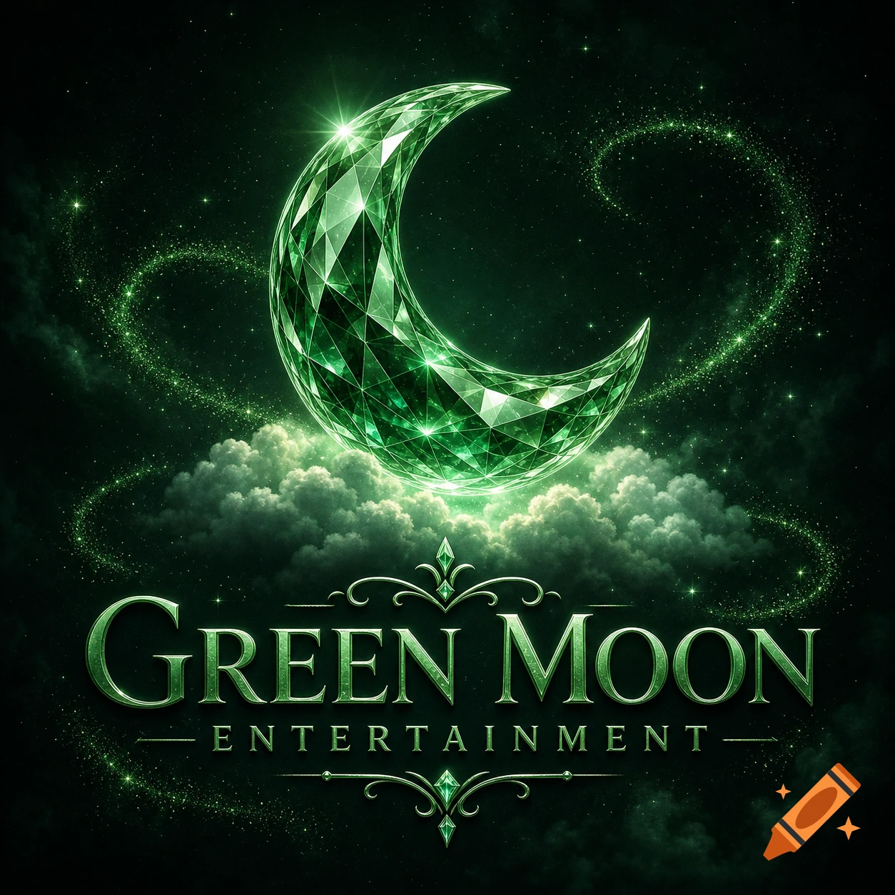 A glowing green crystal crescent moon above clouds, with sparkling stardust and the text 'GREEN MOON ENTERTAINMENT'.