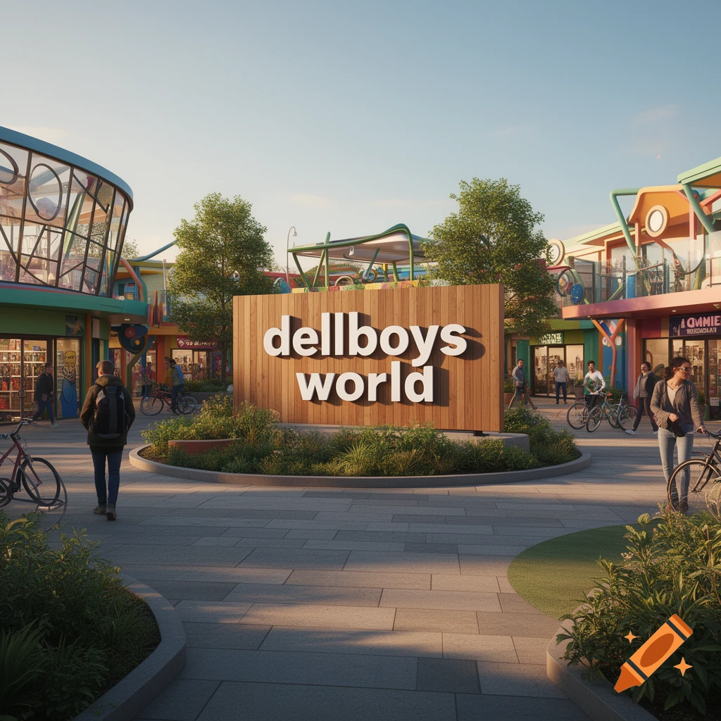 A photorealistic outdoor shopping plaza with a large wooden sign reading 'dellboys world' surrounded by colorful modern buildings and people walking.