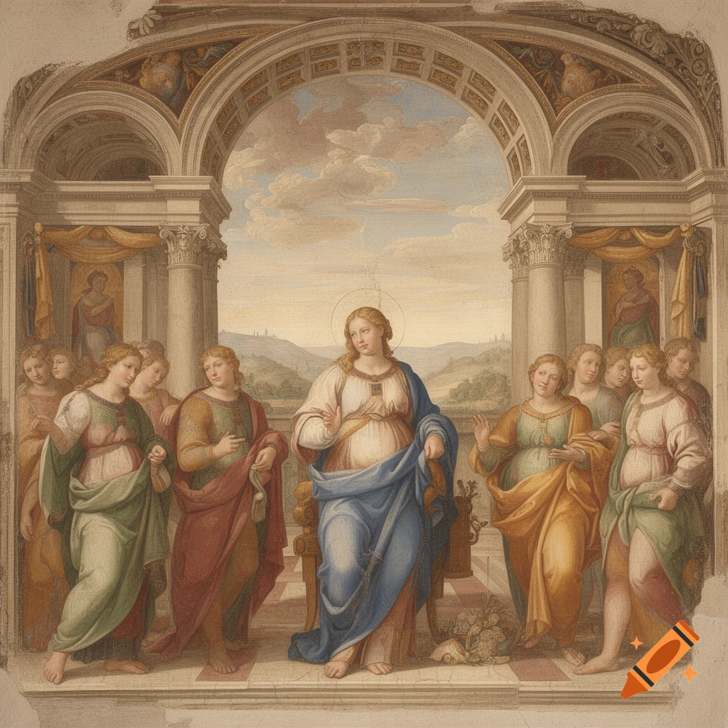Fresco style Renaissance painting depicting a central female figure surrounded by groups of classical figures under an arched colonnade.