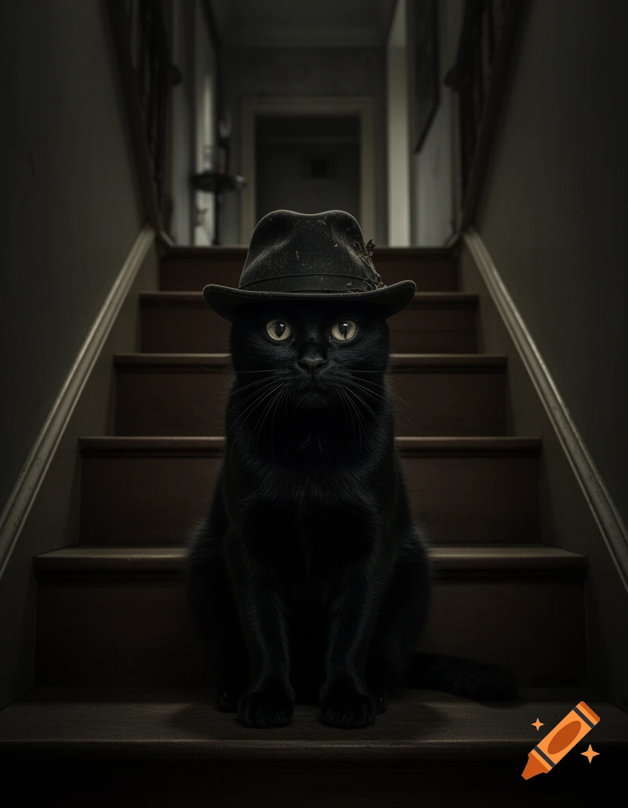 A photorealistic black cat wearing a fedora hat sitting on wooden indoor stairs in a dark hallway.