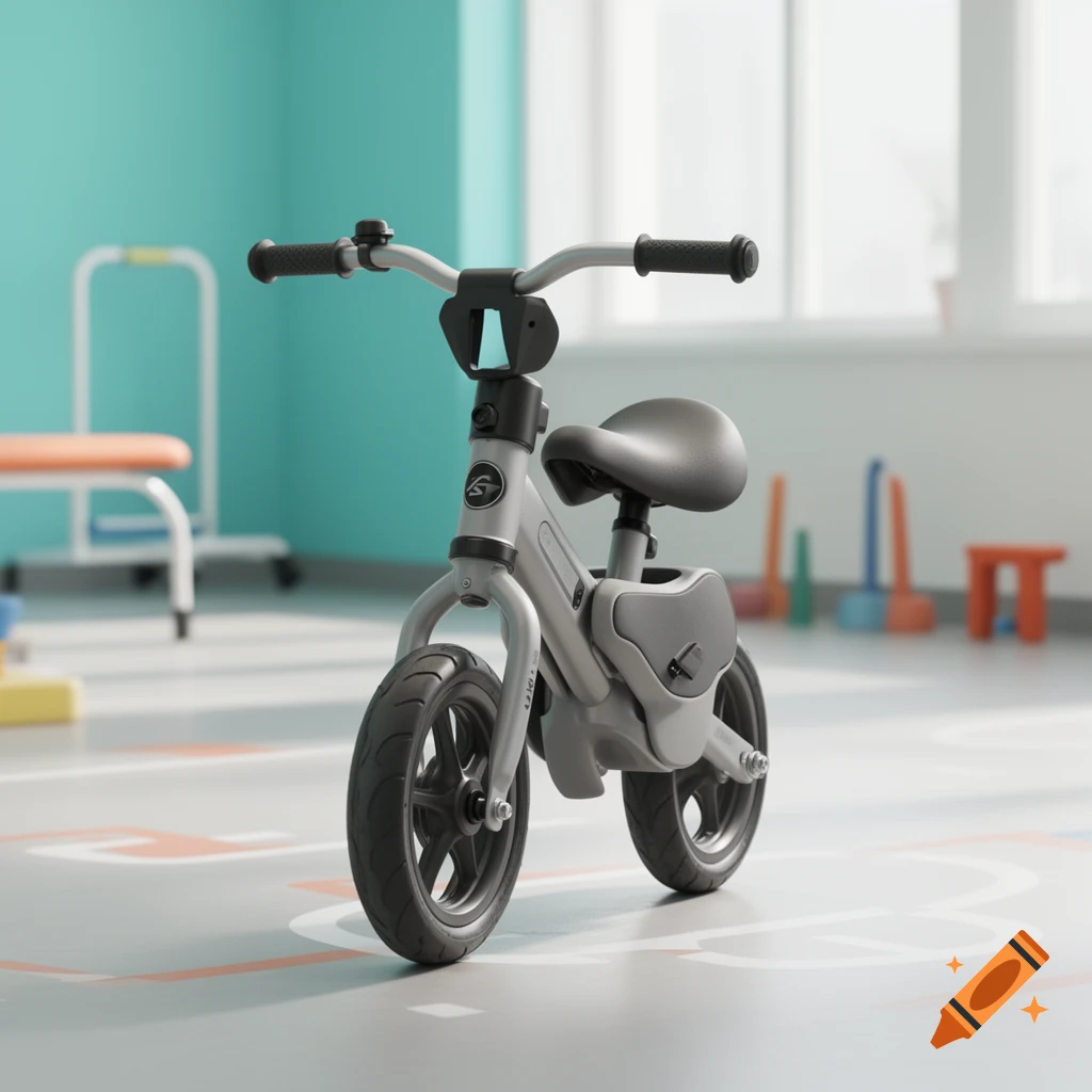 Photorealistic image of a grey pediatric gait trainer designed like a balance bike in a brightly lit room.