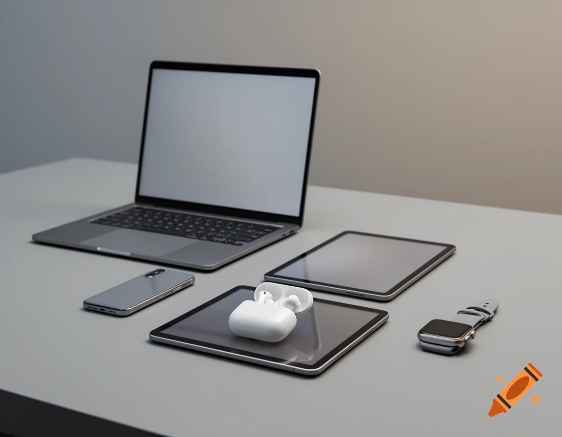 Photorealistic arrangement of tech devices including a laptop, tablets, smartphone, wireless earbuds, and a smartwatch on a grey table.
