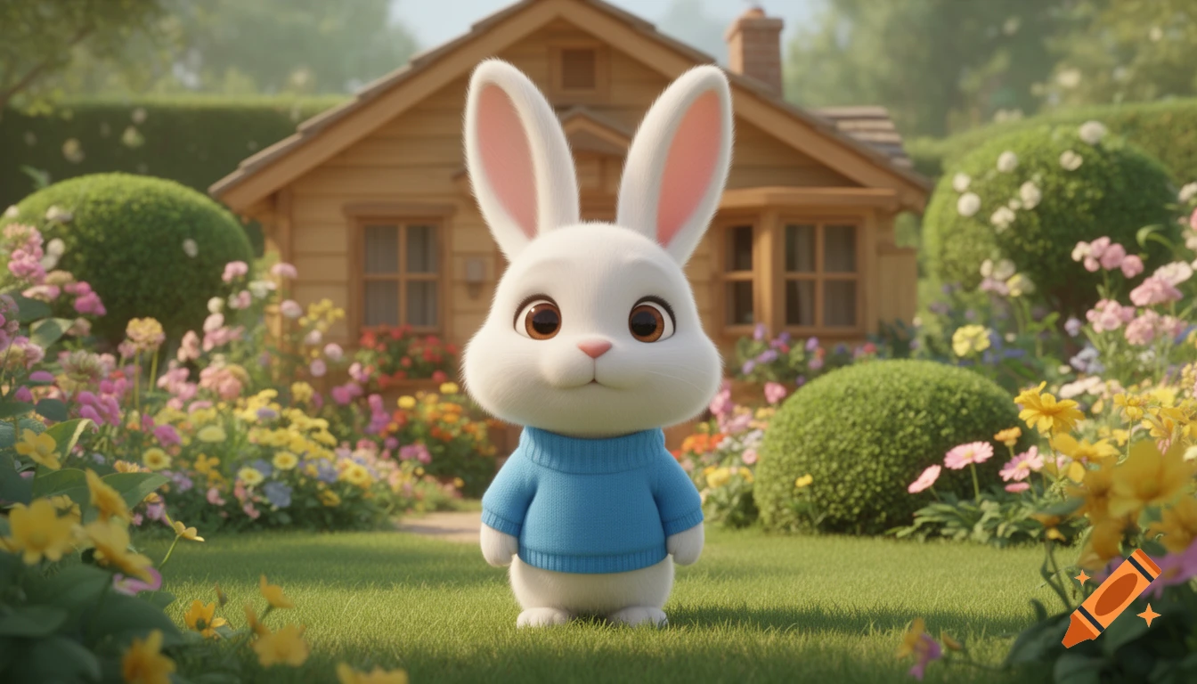 An adorable 3D animated white bunny wearing a blue sweater standing in a colorful garden in front of a wooden house.
