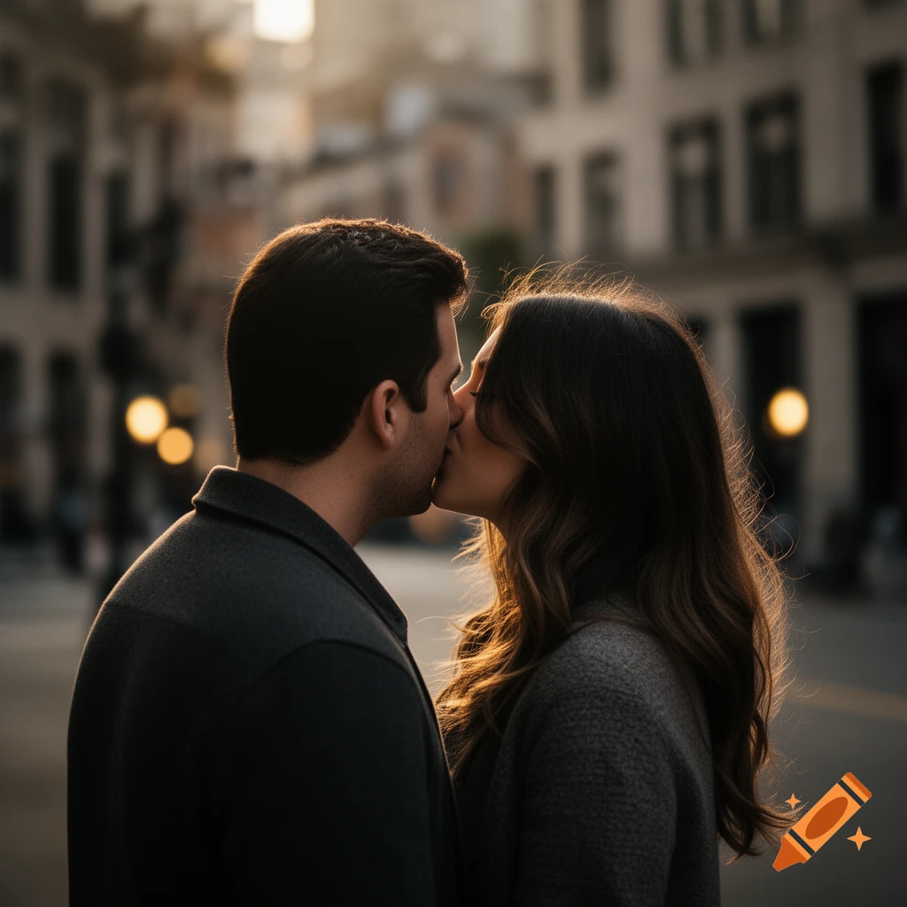 A close-up shot of a man and woman kissing on a city street at sunset, silhouetted against soft background lights.