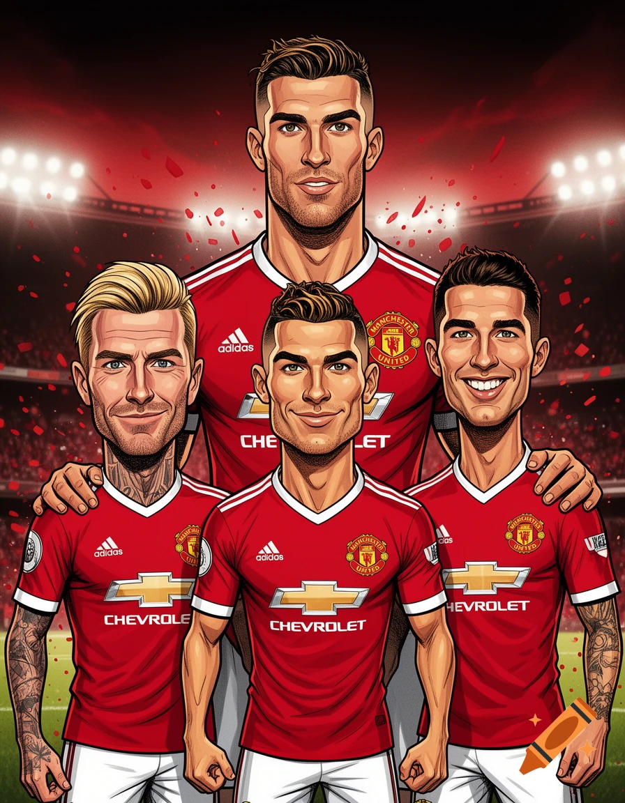 Comic book style caricature of four Manchester United soccer players wearing red jerseys in a stadium.