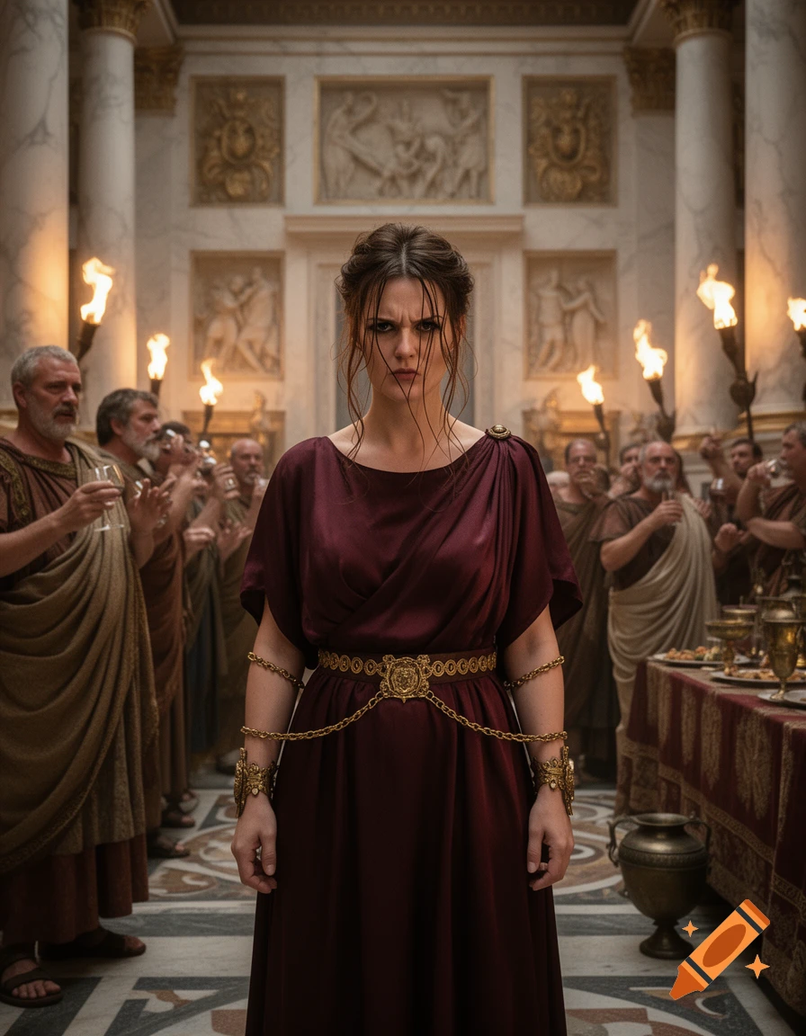A defiant captive woman in a dark red Roman dress stands in a torchlit palace hall among Roman patricians.