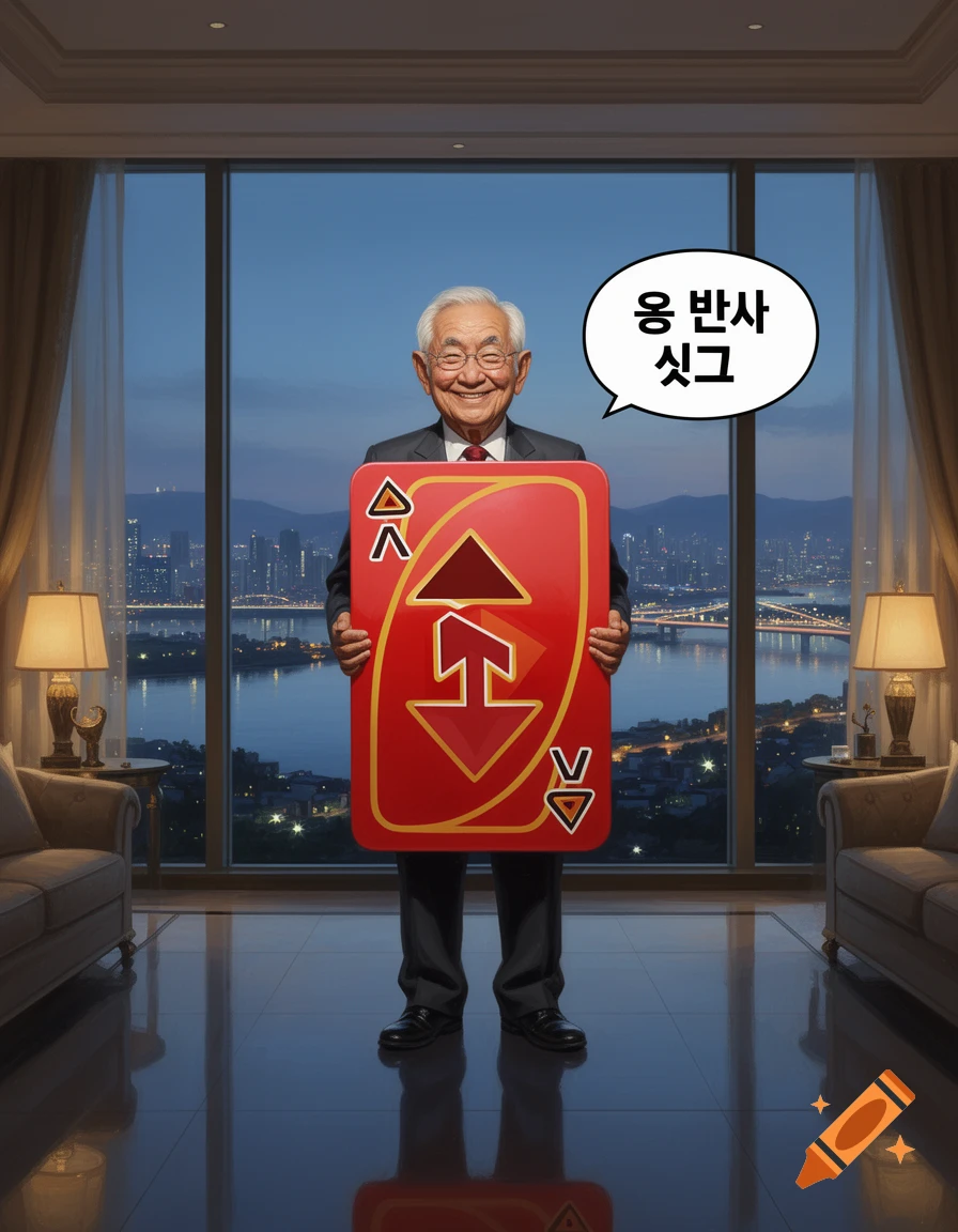 An elderly man in a suit standing in a luxury apartment with a city view at dusk, holding a giant red reverse Uno card and a speech bubble.