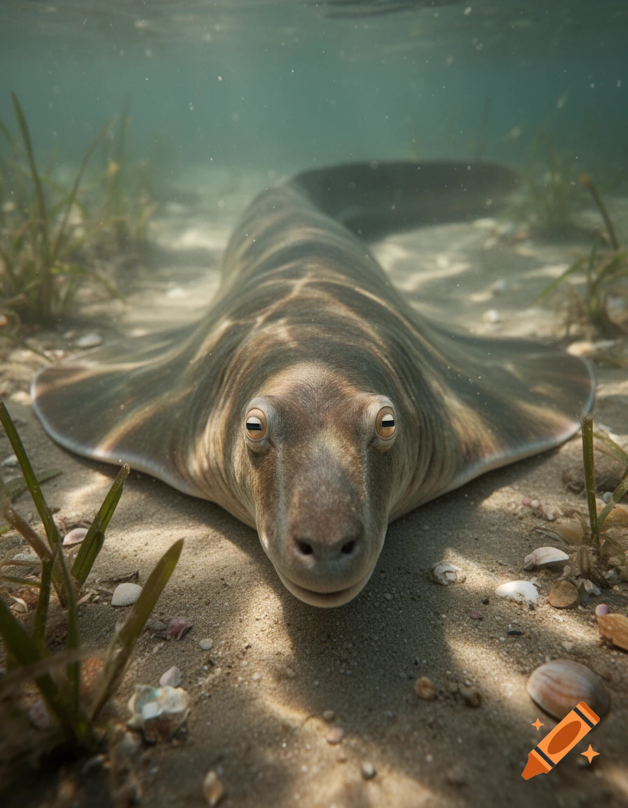 Photorealistic underwater scene of a flat, stingray-like creature with a goat's head and eyes resting on a sandy seabed.