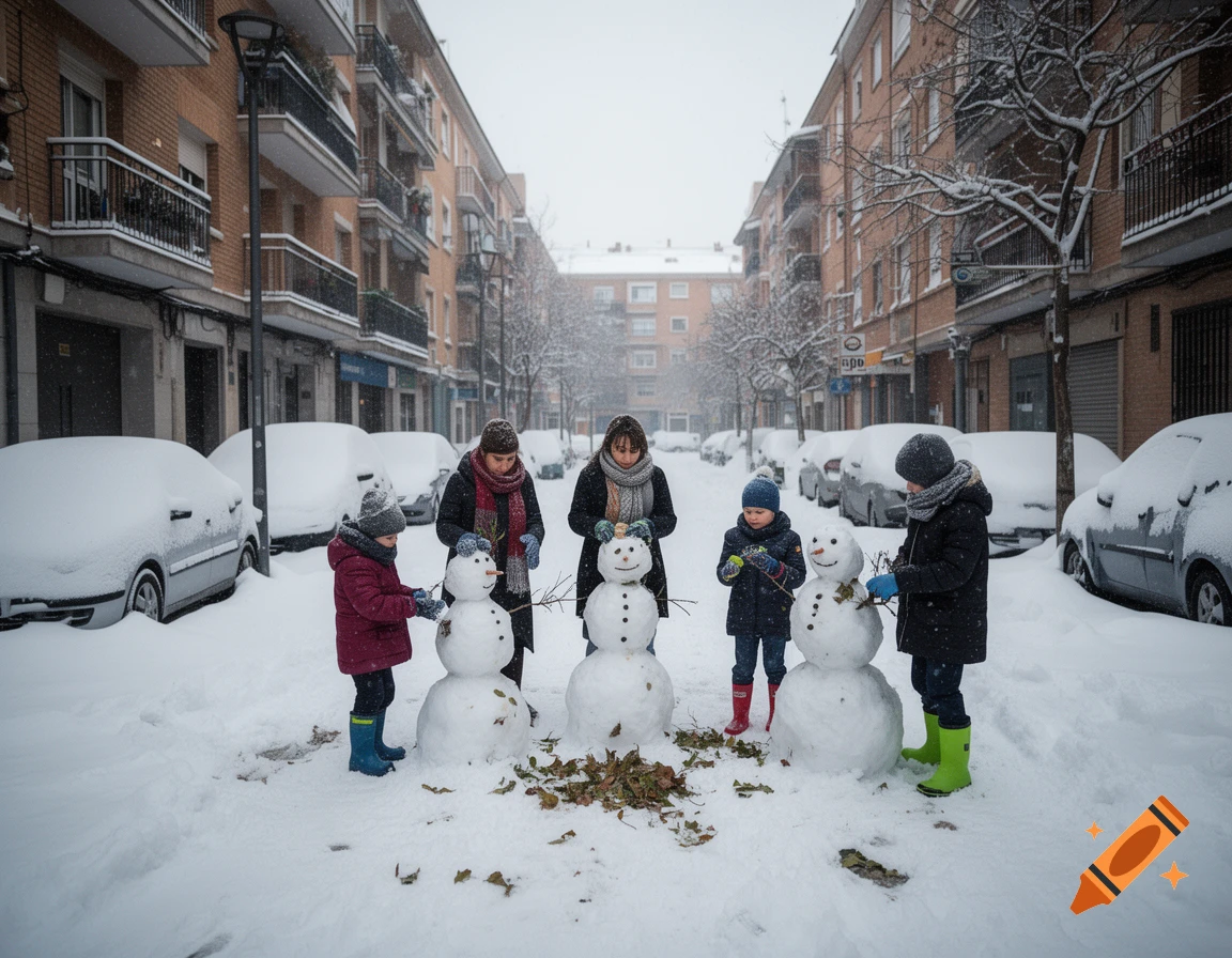Photorealistic scene of two adults and three children building snowmen in a snow-covered street in Madrid.