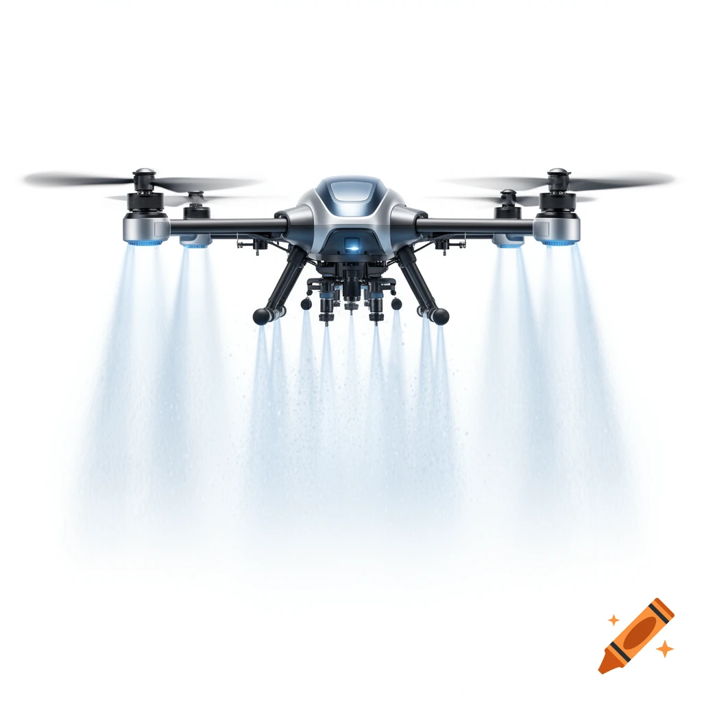 An agricultural drone spraying water with multiple jets against a clean white background.