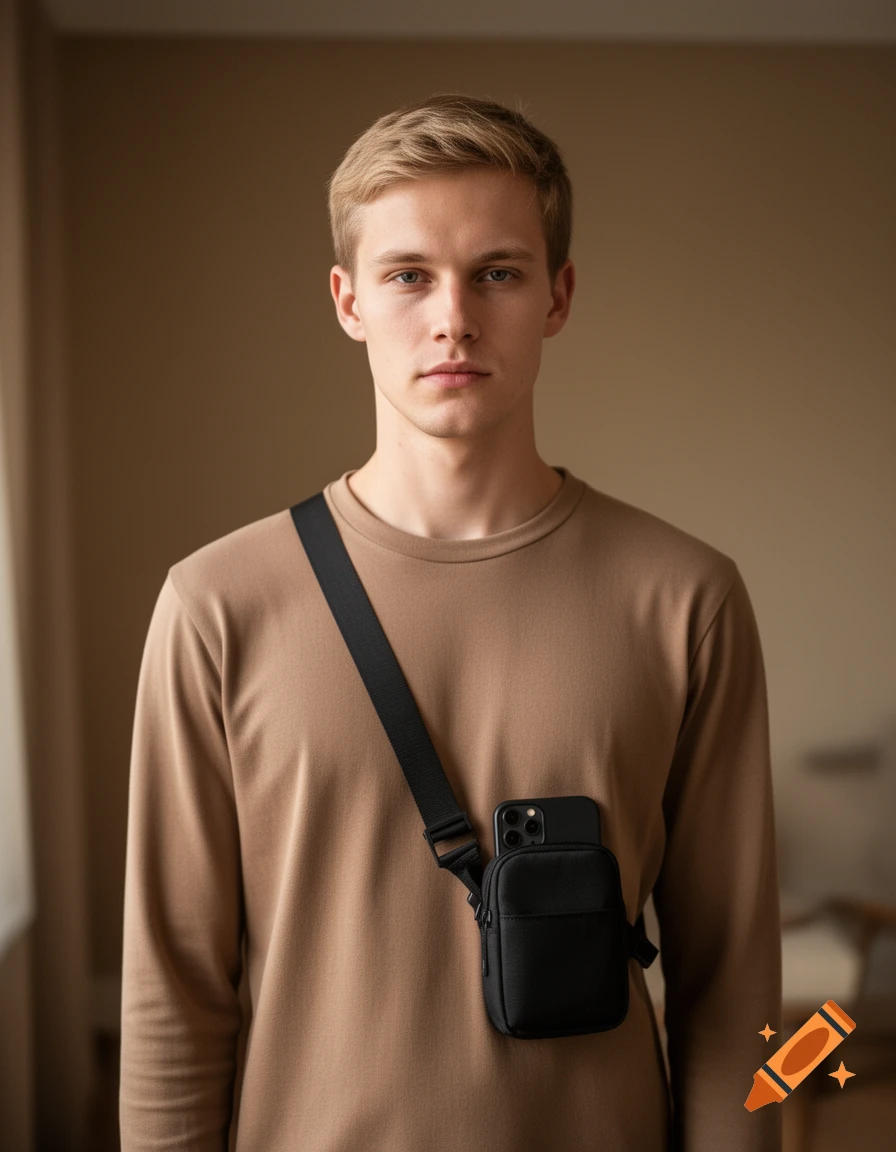 Photorealistic portrait of a young blonde man wearing a light brown long-sleeve shirt and a black crossbody phone bag in a light room.