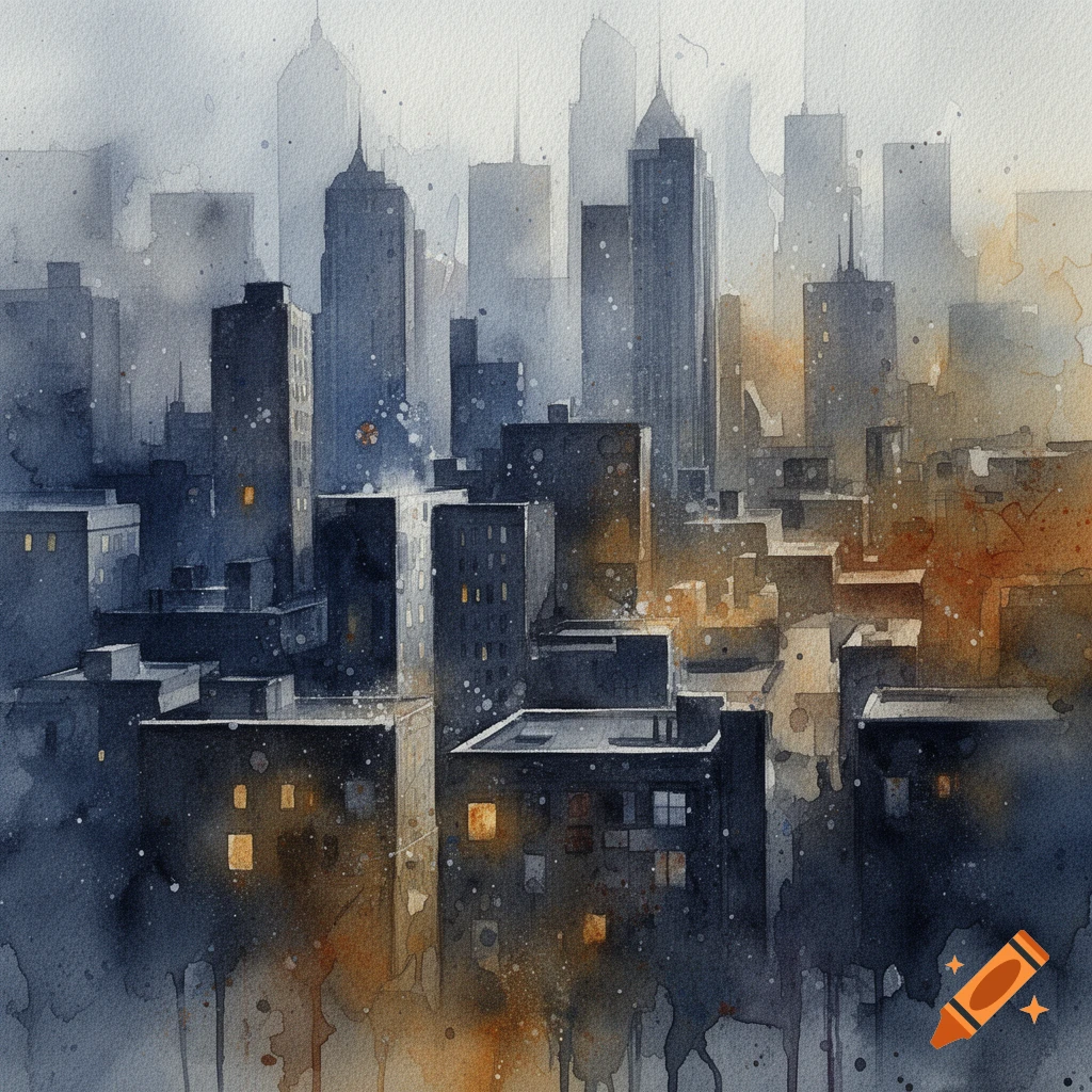 Watercolor painting of a dense urban cityscape with granulation and glowing windows.
