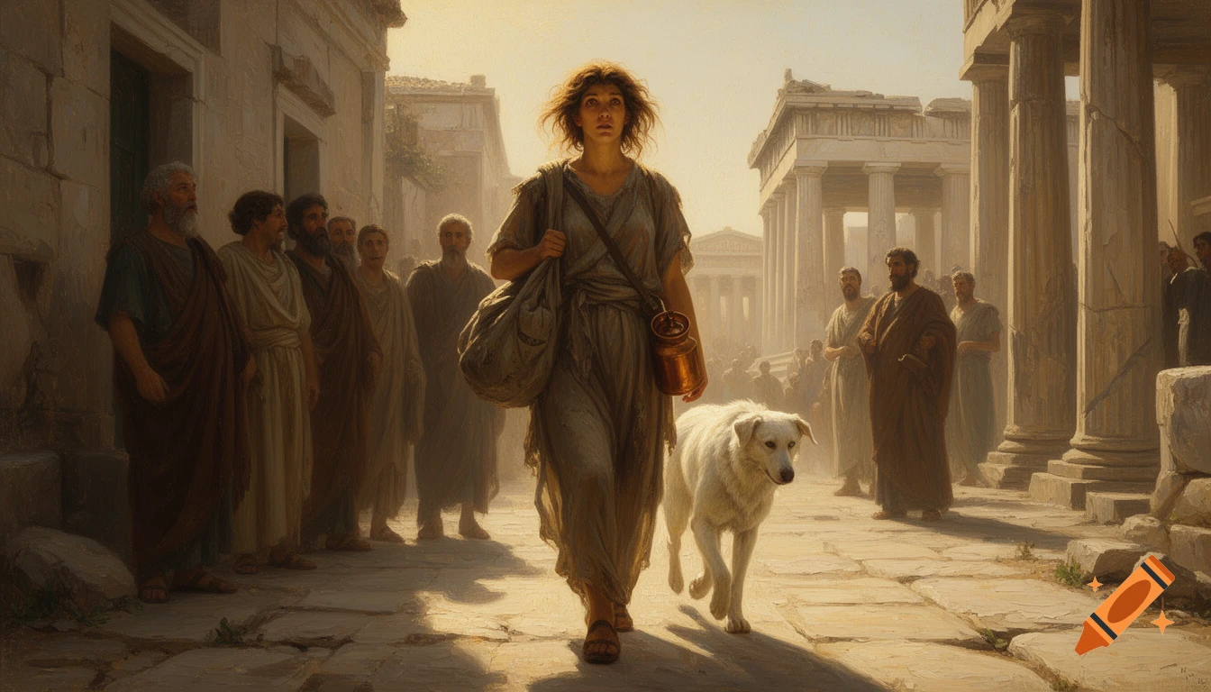 Oil painting of a female philosopher walking down a street in Athens with a white dog, surrounded by citizens.