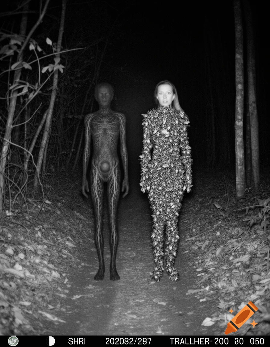 Black and white trail camera style photo of a dark forest path featuring a vascular humanoid and a woman covered in bees.
