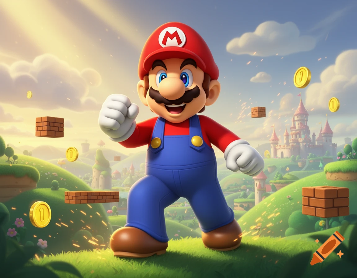 3D digital illustration of Mario standing in a vibrant green landscape with coins, floating brick blocks, and a castle in the background.