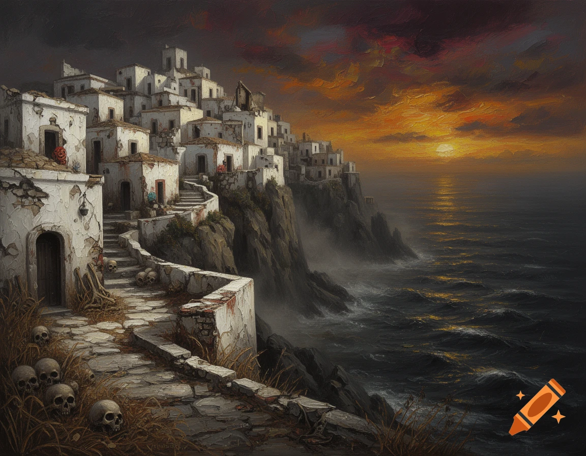 Oil painting of a white clifftop village at sunset with a dark, stormy sea and skulls along the stone path.