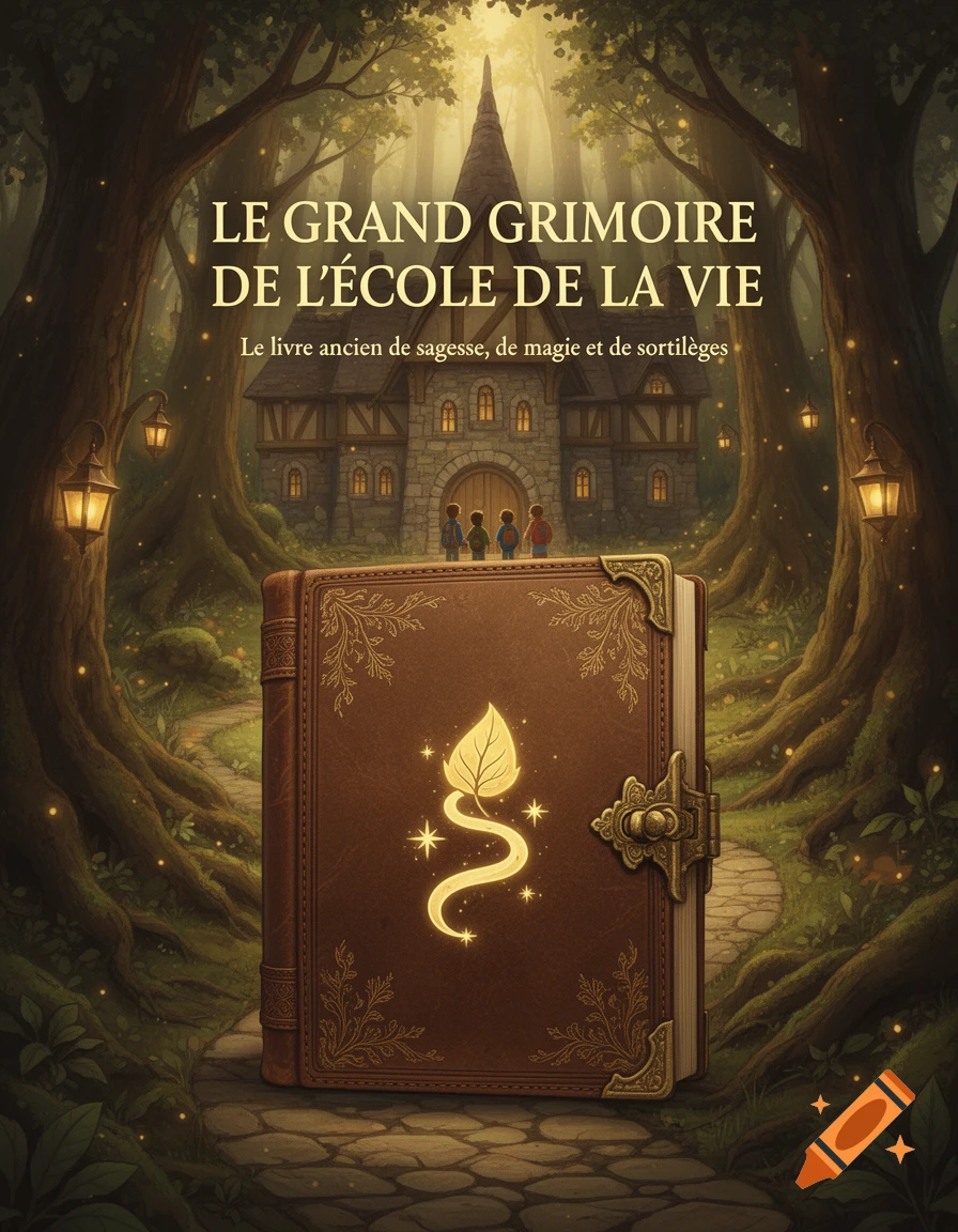 Fantasy book cover featuring a leather-bound journal with a glowing leaf symbol, set before a magical forest school.