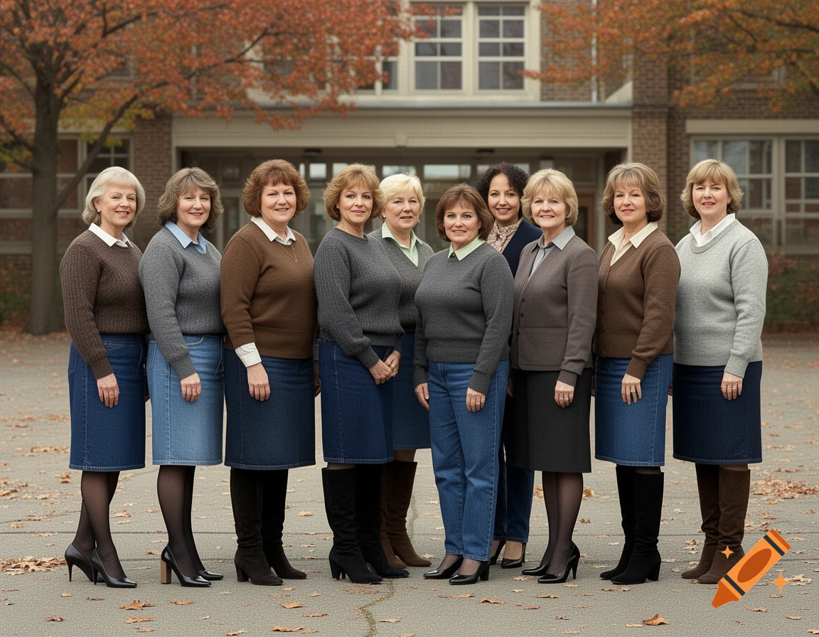 Group portrait of ten women wearing sweaters, skirts, and high heels standing outdoors in front of a building.