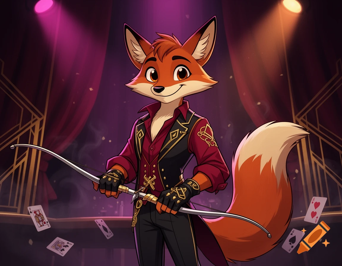 Anthro fox character in a red and black outfit holding a bow, styled like Hazbin Hotel, standing on a stage with playing cards.