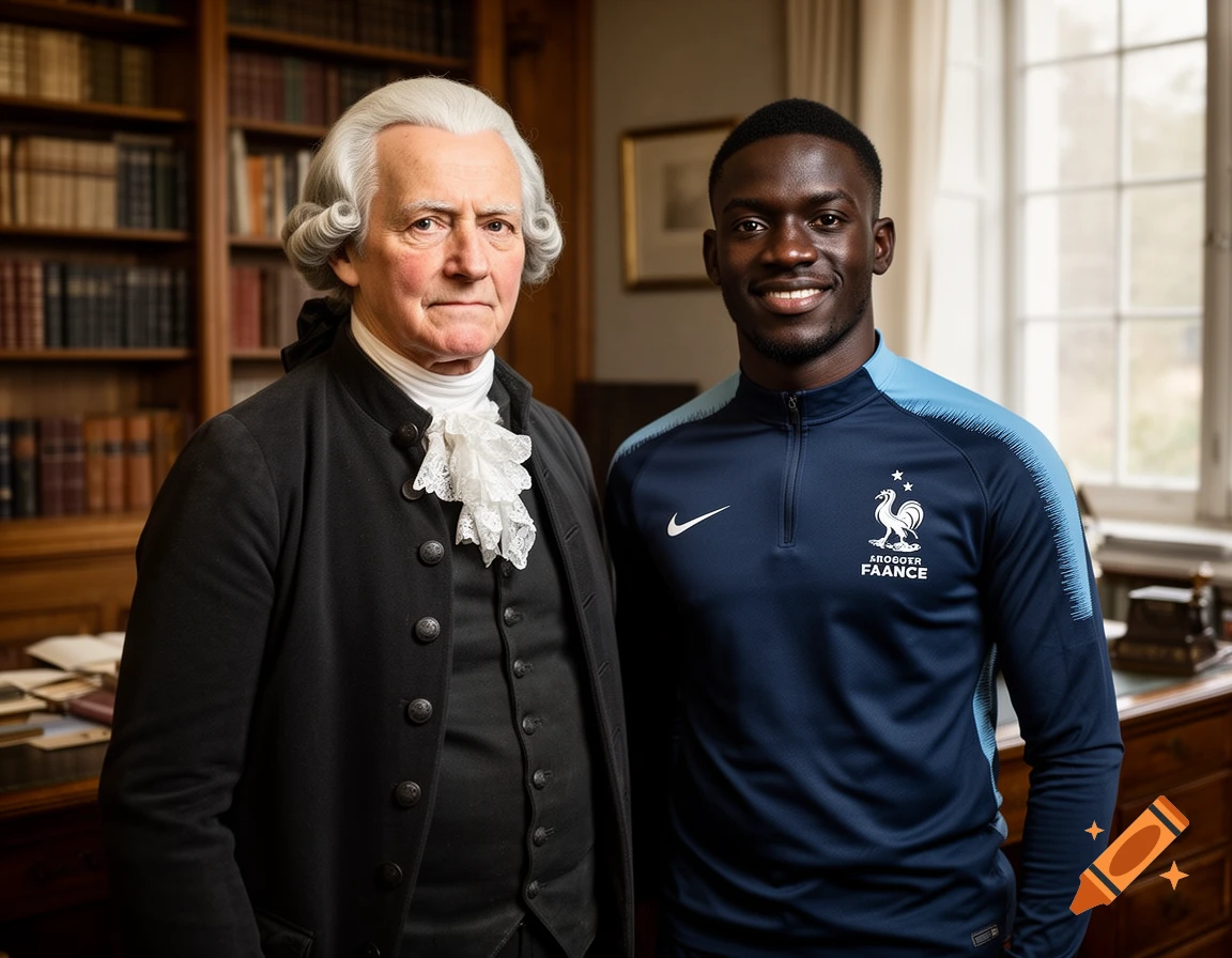 Photorealistic portrait of philosopher Emmanuel Kant in period clothing standing beside French footballer N'Golo Kante in a library.