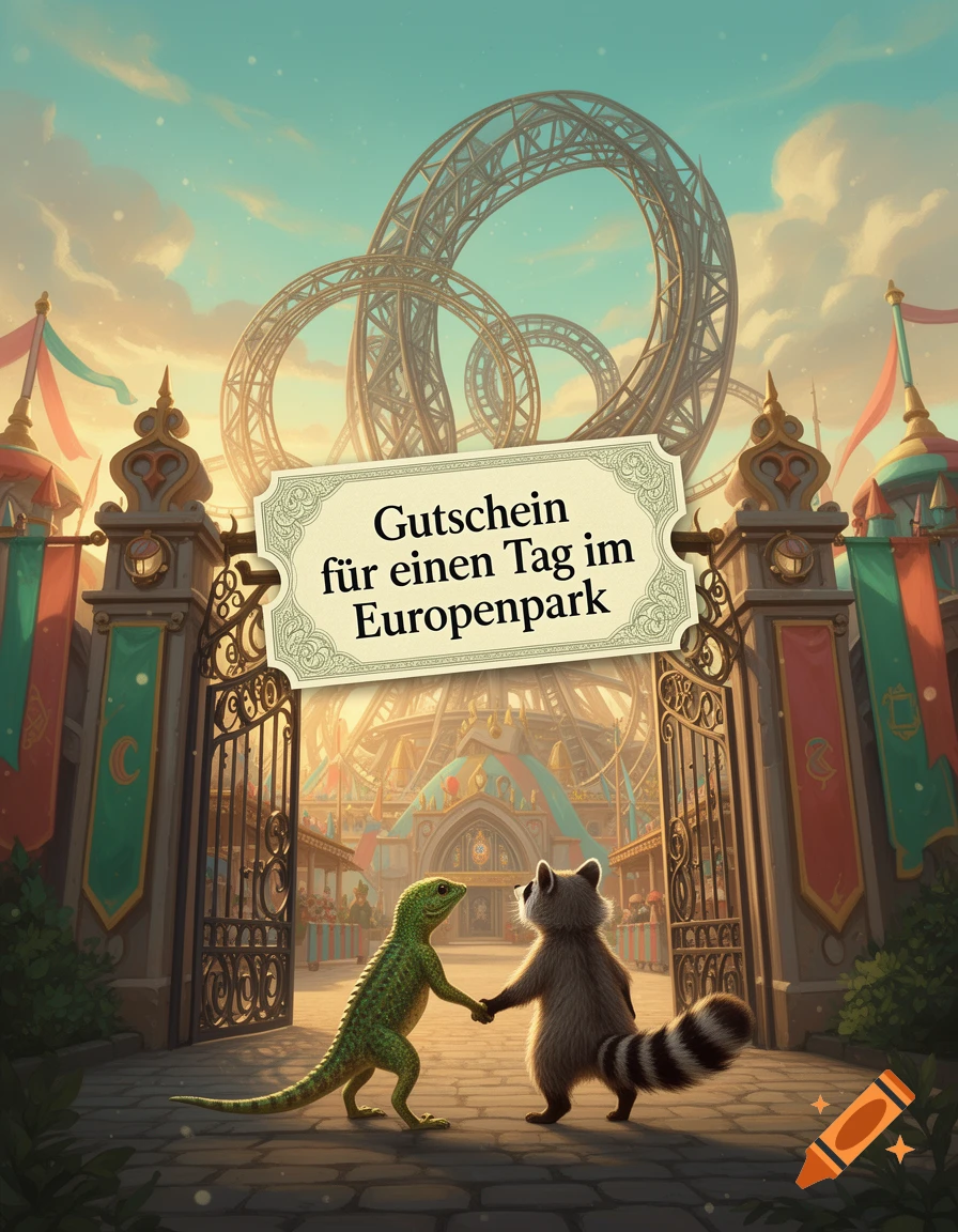 An illustration of a lizard and a raccoon holding hands in front of an amusement park gate under a ticket sign.