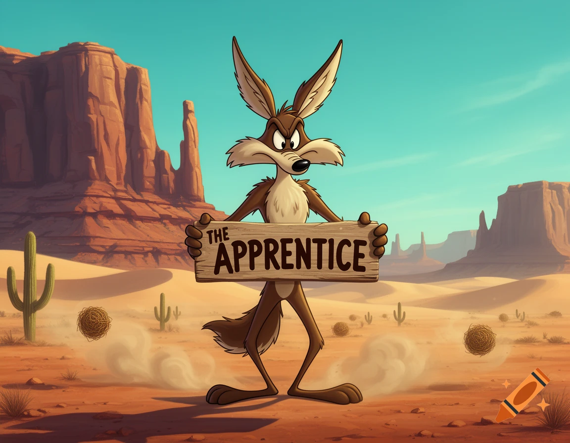 Cartoon coyote standing in a desert landscape holding a wooden sign that reads 'THE APPRENTICE'.