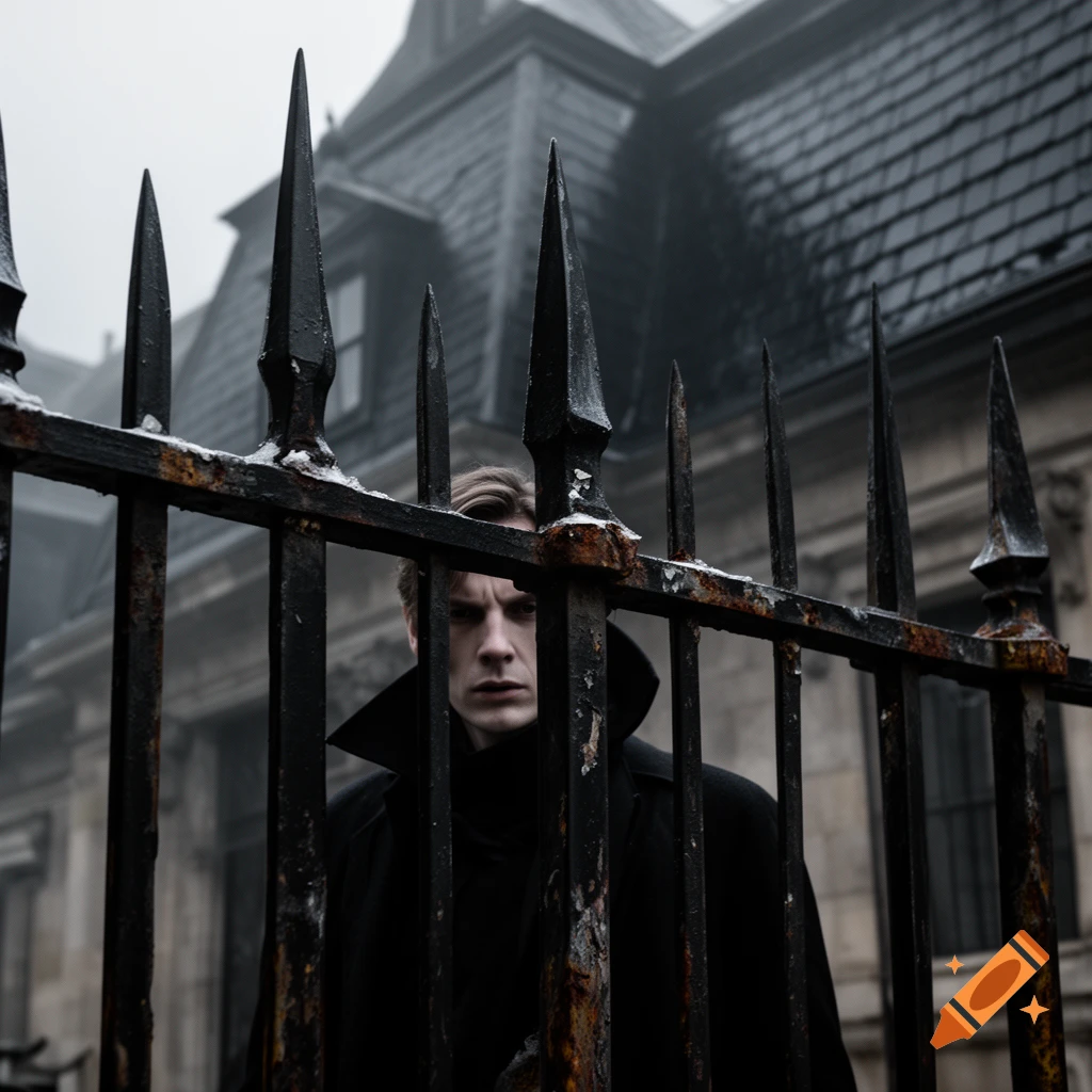 A moody, sinister man in a black coat staring through a spiked iron fence in front of a dark mansion.