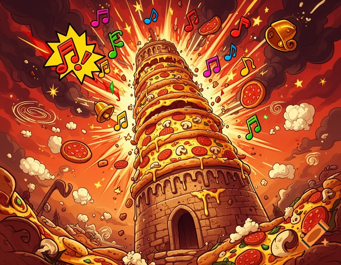 Colorful cartoon illustration of a pizza tower erupting with music notes, pepperoni, and mushrooms, set against an explosive red background.