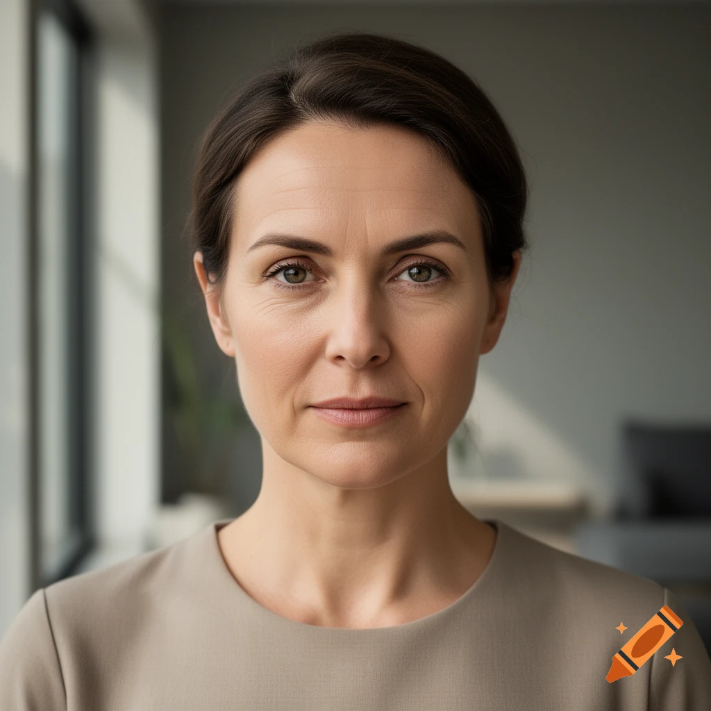 Close-up photorealistic portrait of a middle-aged woman with dark hair and a neutral expression in an indoor setting.