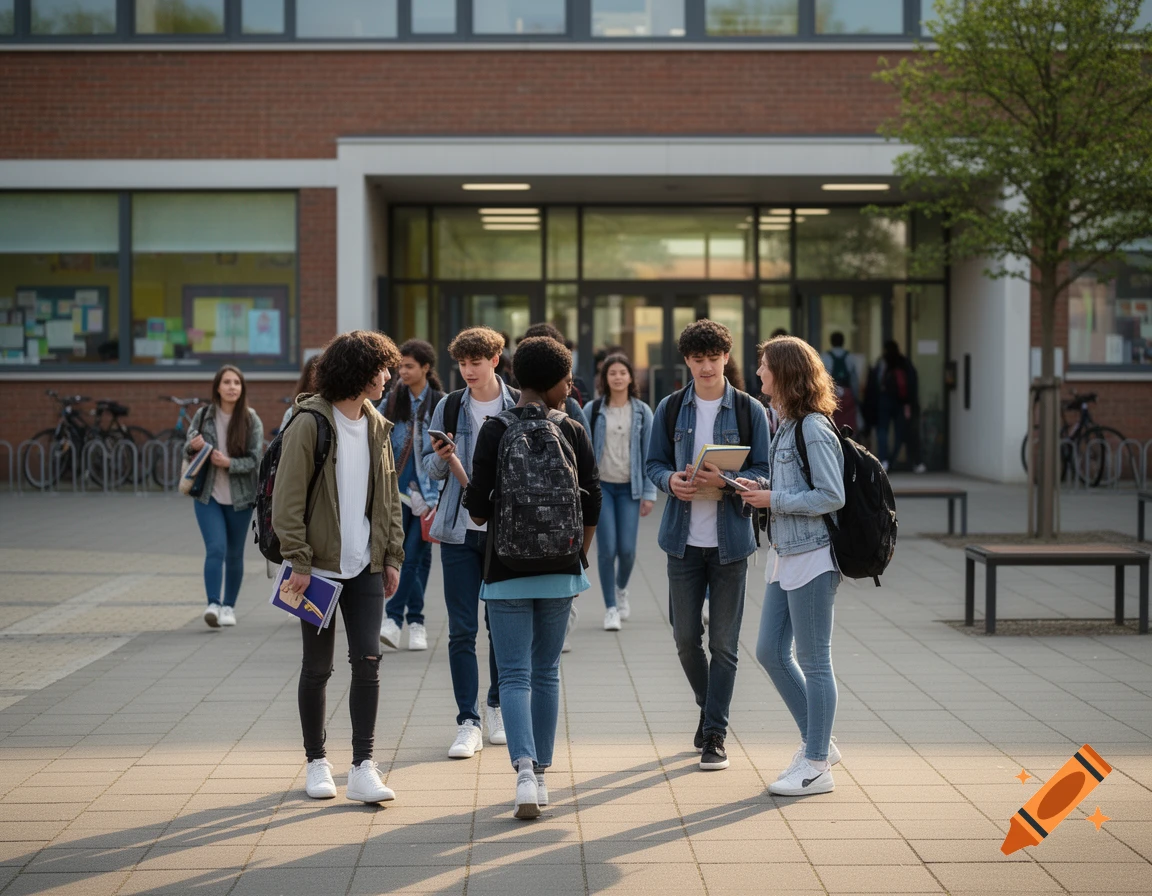 Photorealistic image of a group of teenagers walking out of a school building.