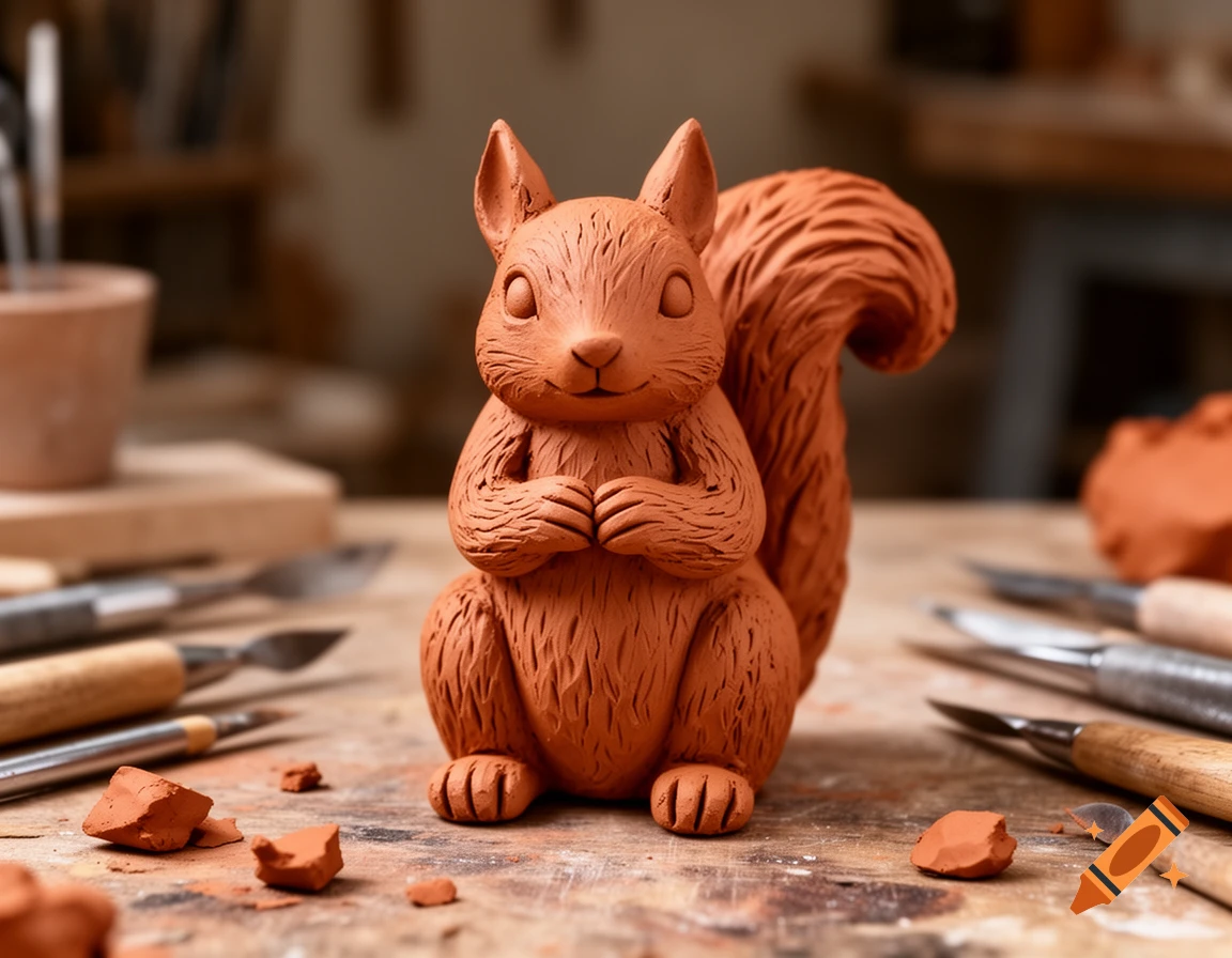 A handmade clay carving of a squirrel sitting on a wooden workbench surrounded by sculpting tools.