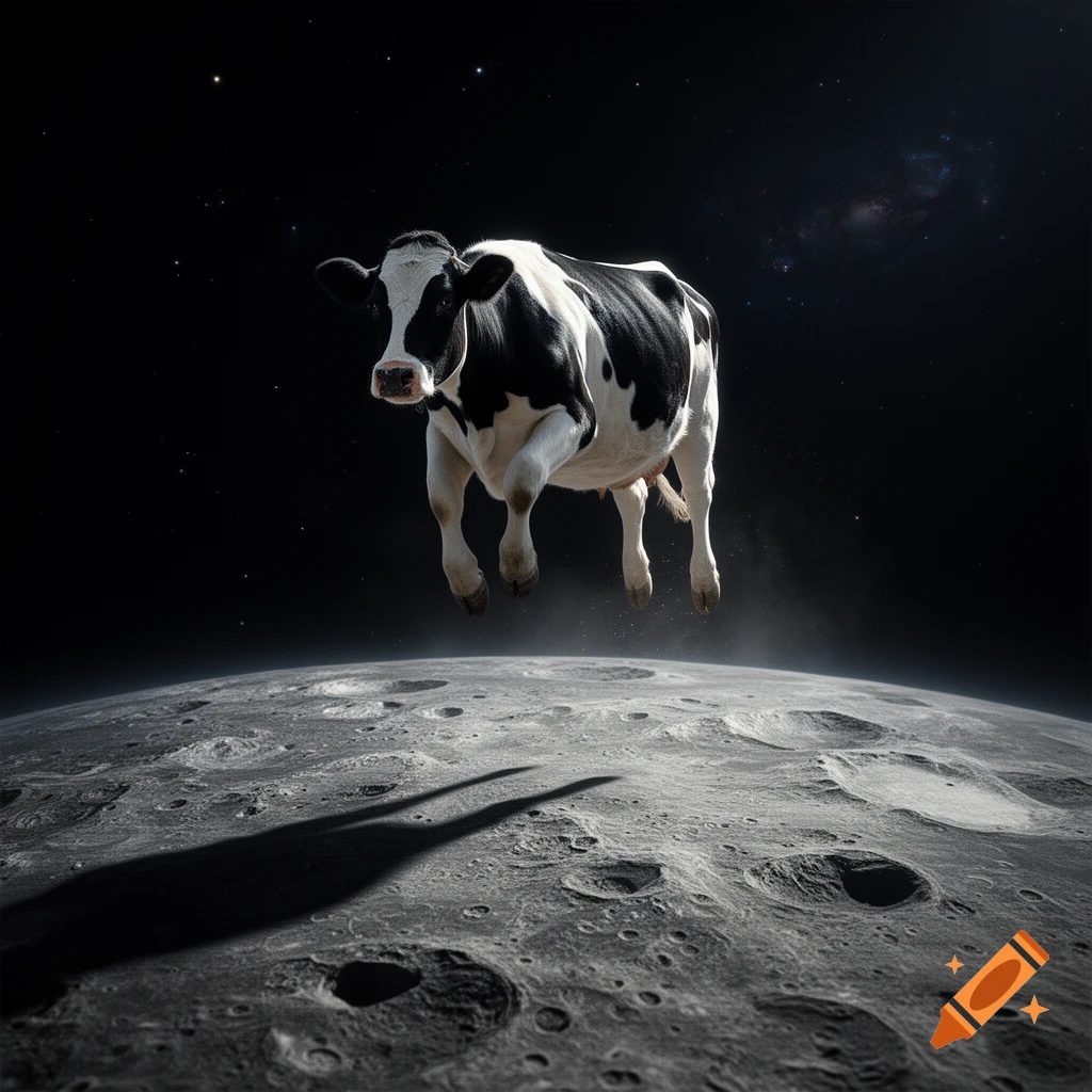 Photorealistic image of a black and white dairy cow floating in space above the moon's surface.