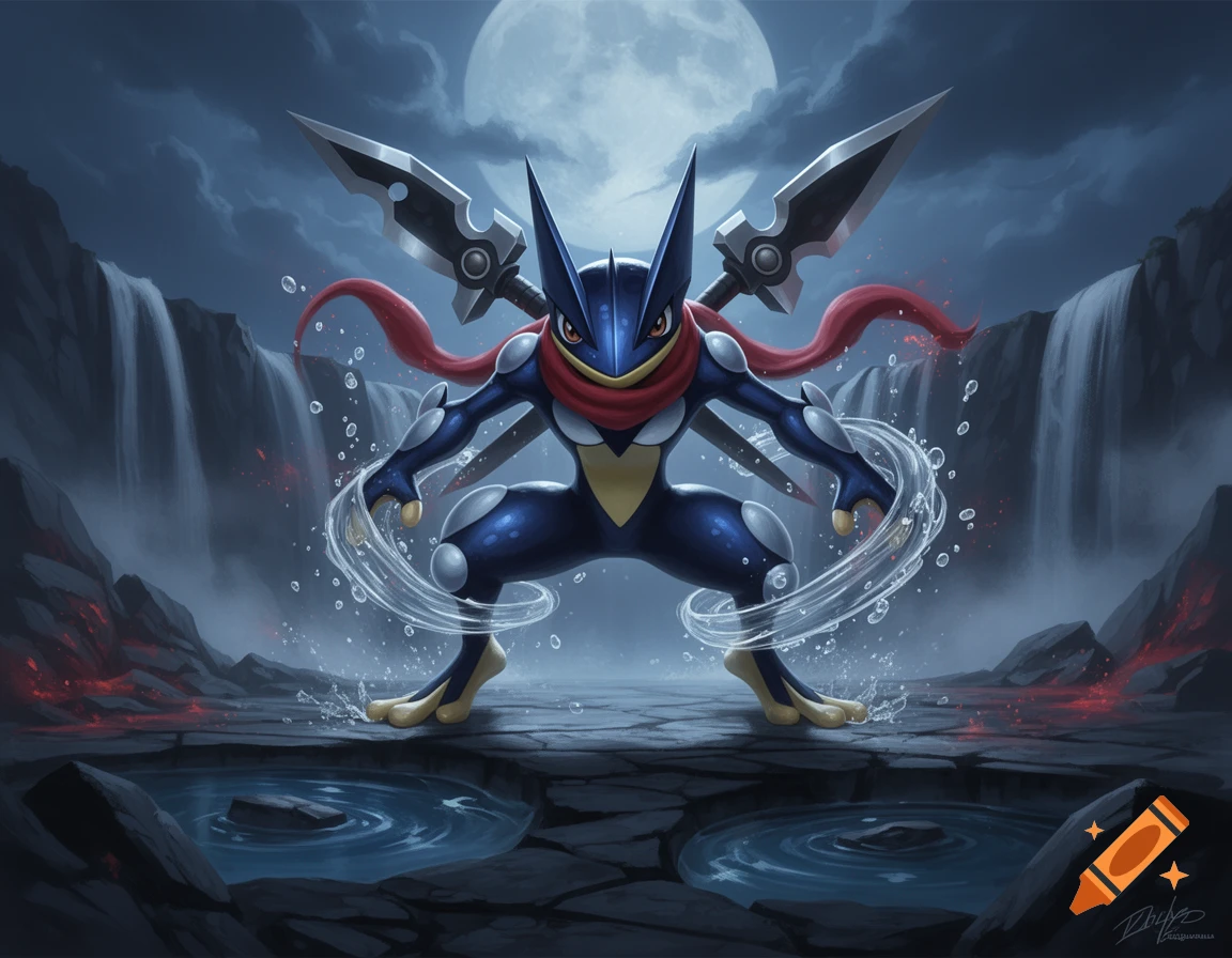 Digital illustration of Greninja in a battle stance with ninja stars on its back in a rocky landscape at night under a full moon.
