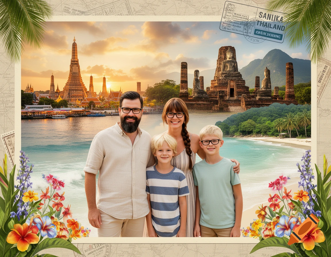 A vacation photo collage of a family of four in Thailand with beach and temple backgrounds, framed by tropical flowers and a postal stamp.