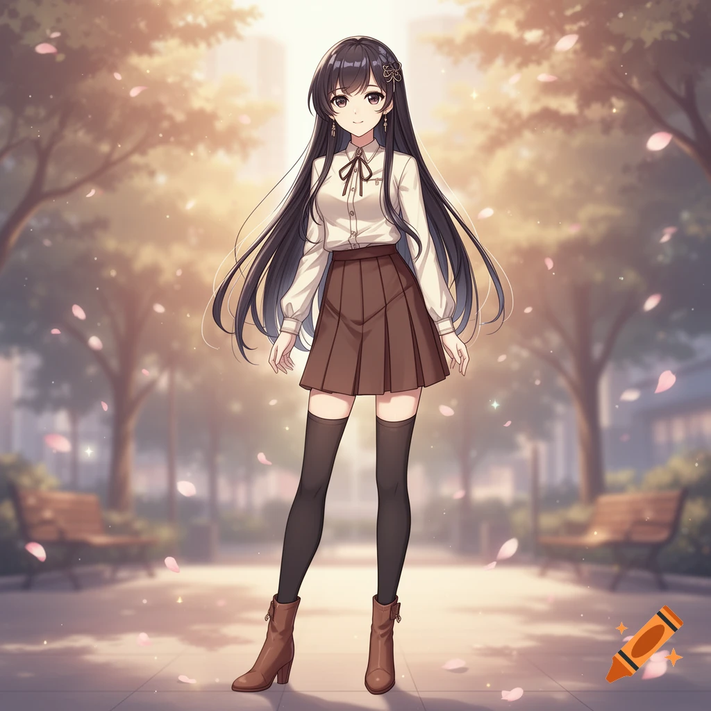 Anime girl with long black hair, wearing a white blouse, brown skirt, and knee-high socks, standing in a park.