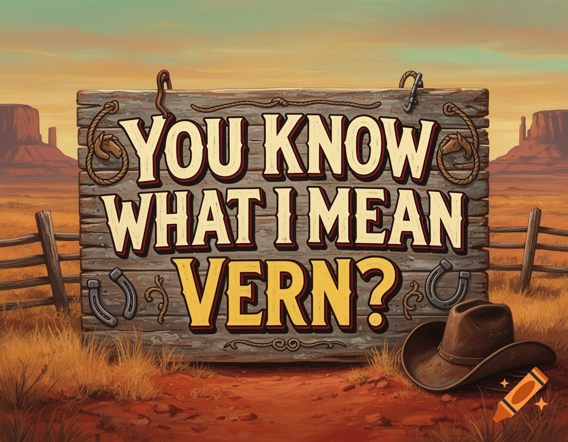 A wooden western-style sign reading 'YOU KNOW WHAT I MEAN VERN?' in front of a desert landscape with mesas, a fence, and a cowboy hat.