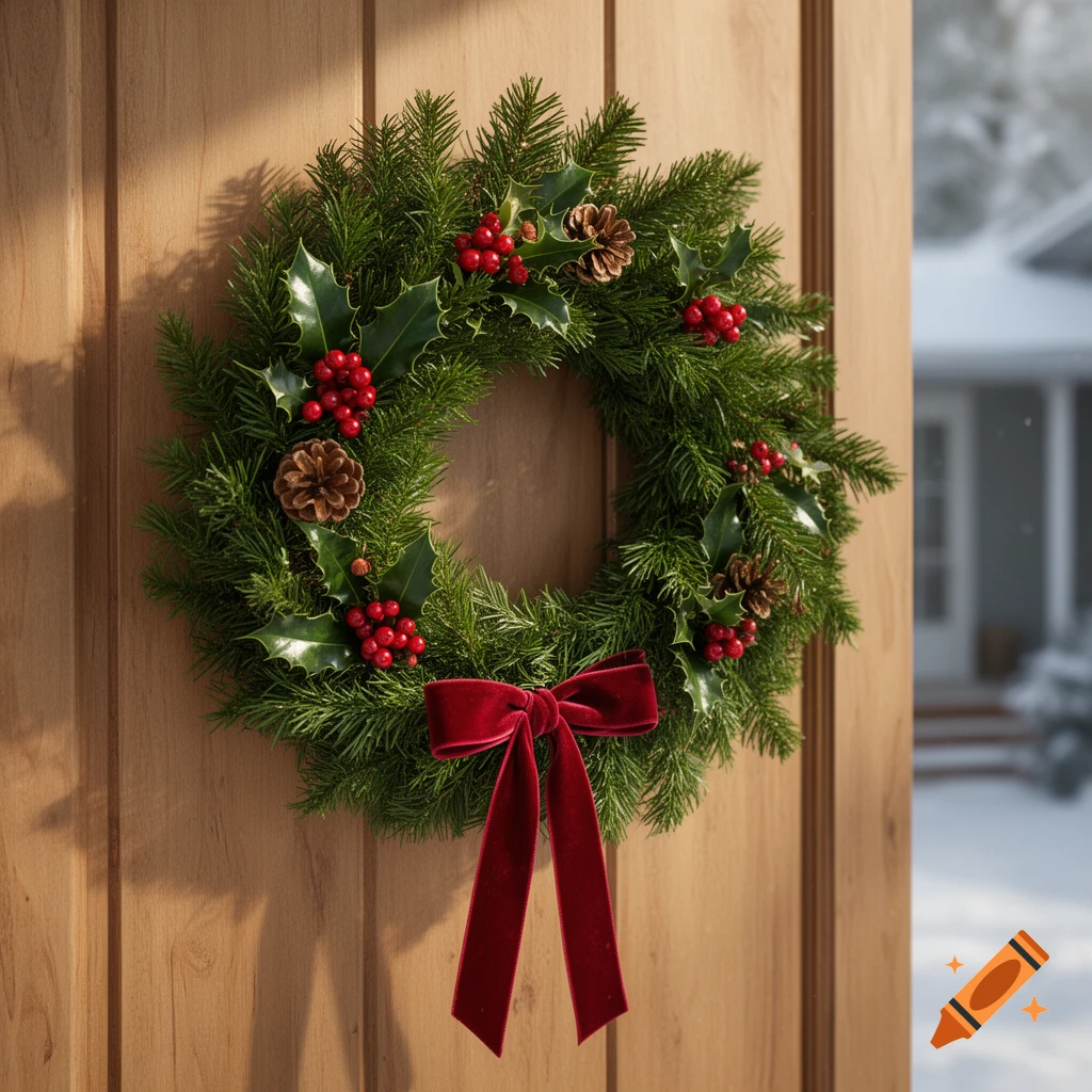 Photorealistic Christmas wreath with pine needles, holly berries, pinecones, and a red velvet bow hanging on a wooden door.