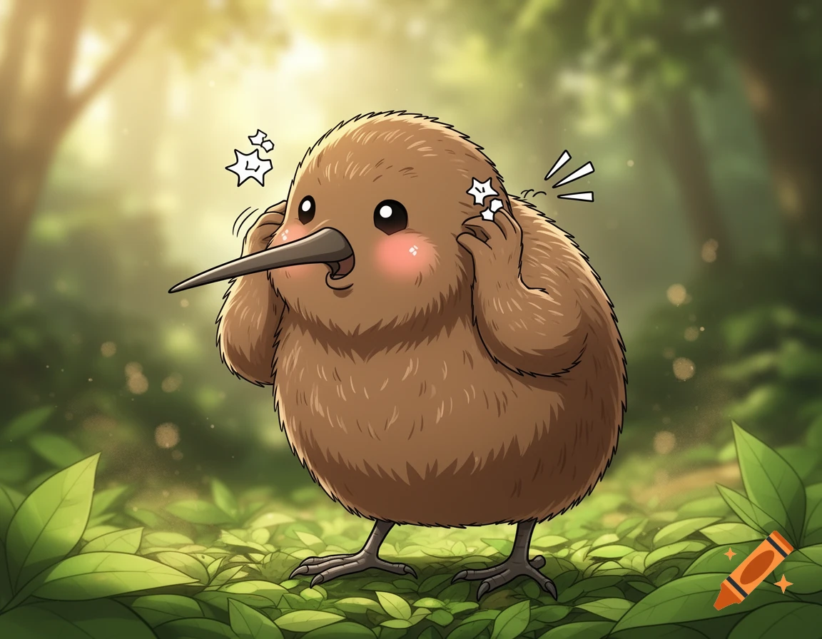 Digital illustration of a cute kiwi bird in a forest, holding its ears in pain with motion lines.