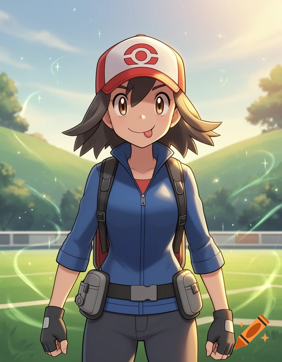 Anime style digital illustration of a female Pokemon trainer in a blue jacket with a cap, sticking out her tongue on a grassy field.