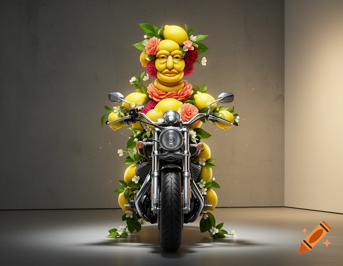A surrealistic sculpture in the style of Giuseppe Arcimboldo, featuring a humanoid figure made of lemons and flowers riding a motorcycle.