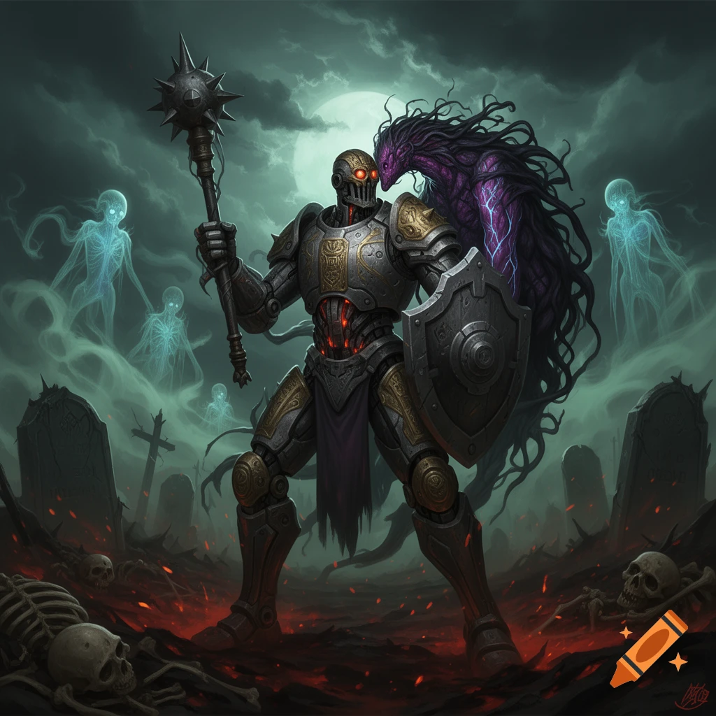 Warforged armored character holding a mace and shield, surrounded by ghosts and skeletal remains in a dark fantasy setting.