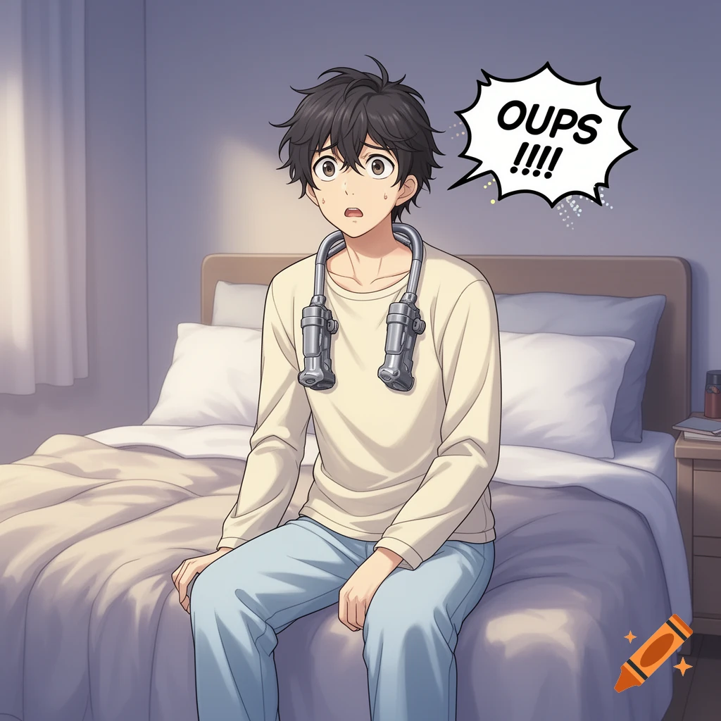 Anime style illustration of a young man sitting on a bed with prosthetic legs placed around his neck, looking surprised with a speech bubble saying OUPS!
