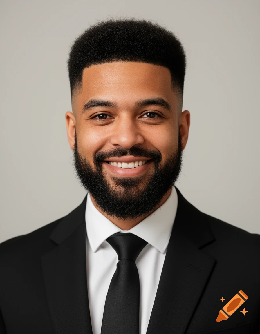 Photorealistic headshot of a smiling 37-year-old Black man with a mid taper afro, neatly trimmed beard, wearing a black suit and tie.