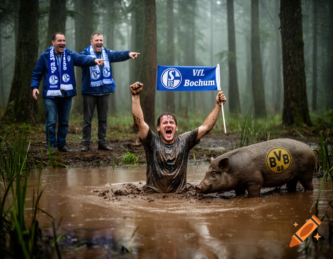 Photorealistic scene of a man screaming in muddy water holding a VfL Bochum flag, a pig with BVB tattoo, and Schalke fans pointing.